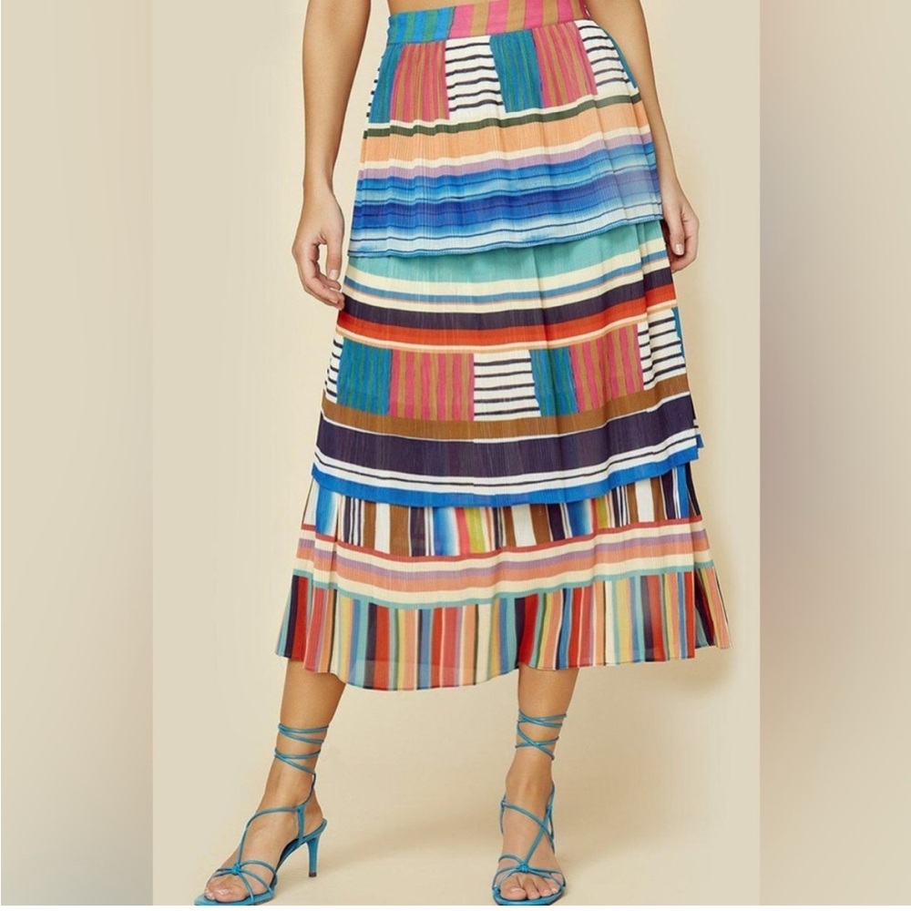 Farm Rio Thalita Pleated Tiered Striped Midi Skirt Size Small Sarape *Flaw